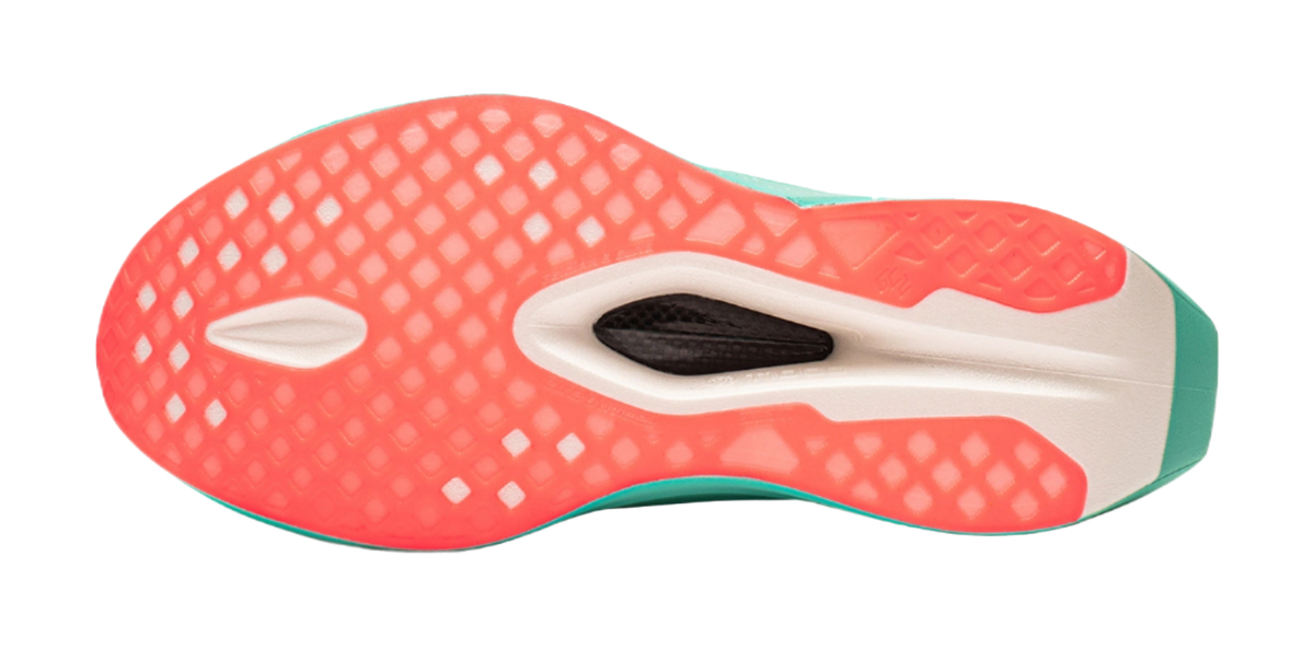 Running shoe outsole with red tread and mint green edge cushioning