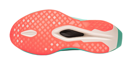 Running shoe outsole with red tread and mint green edge cushioning