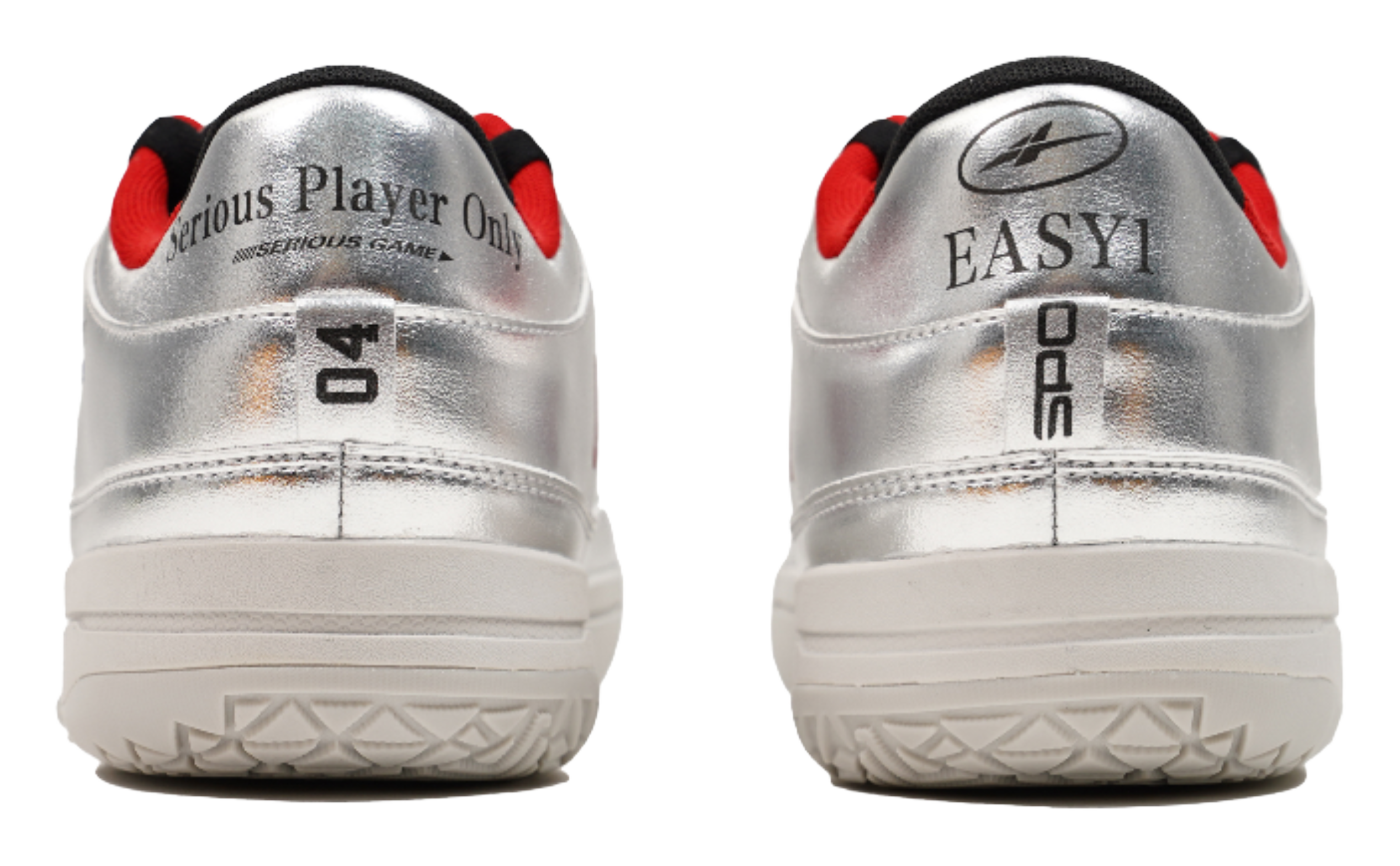 Silver basketball shoes heel view with red collar accents and thick tread sole