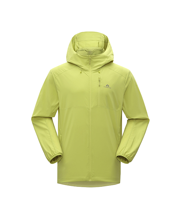 Men's hooded sun jacket in bright lime yellow with full-length front zipper