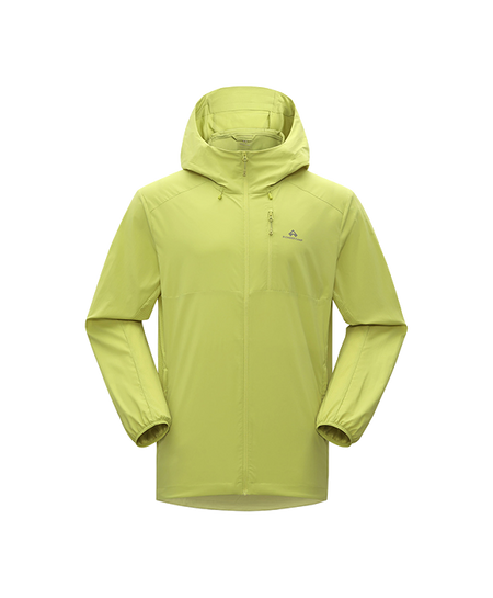 Men's hooded sun jacket in bright lime yellow with full-length front zipper