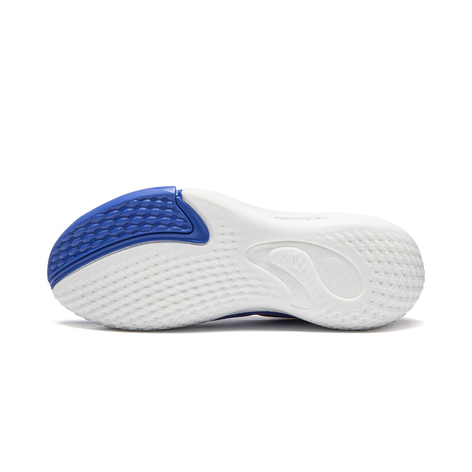 Basketball shoe outsole in white with blue heel panel and textured grip