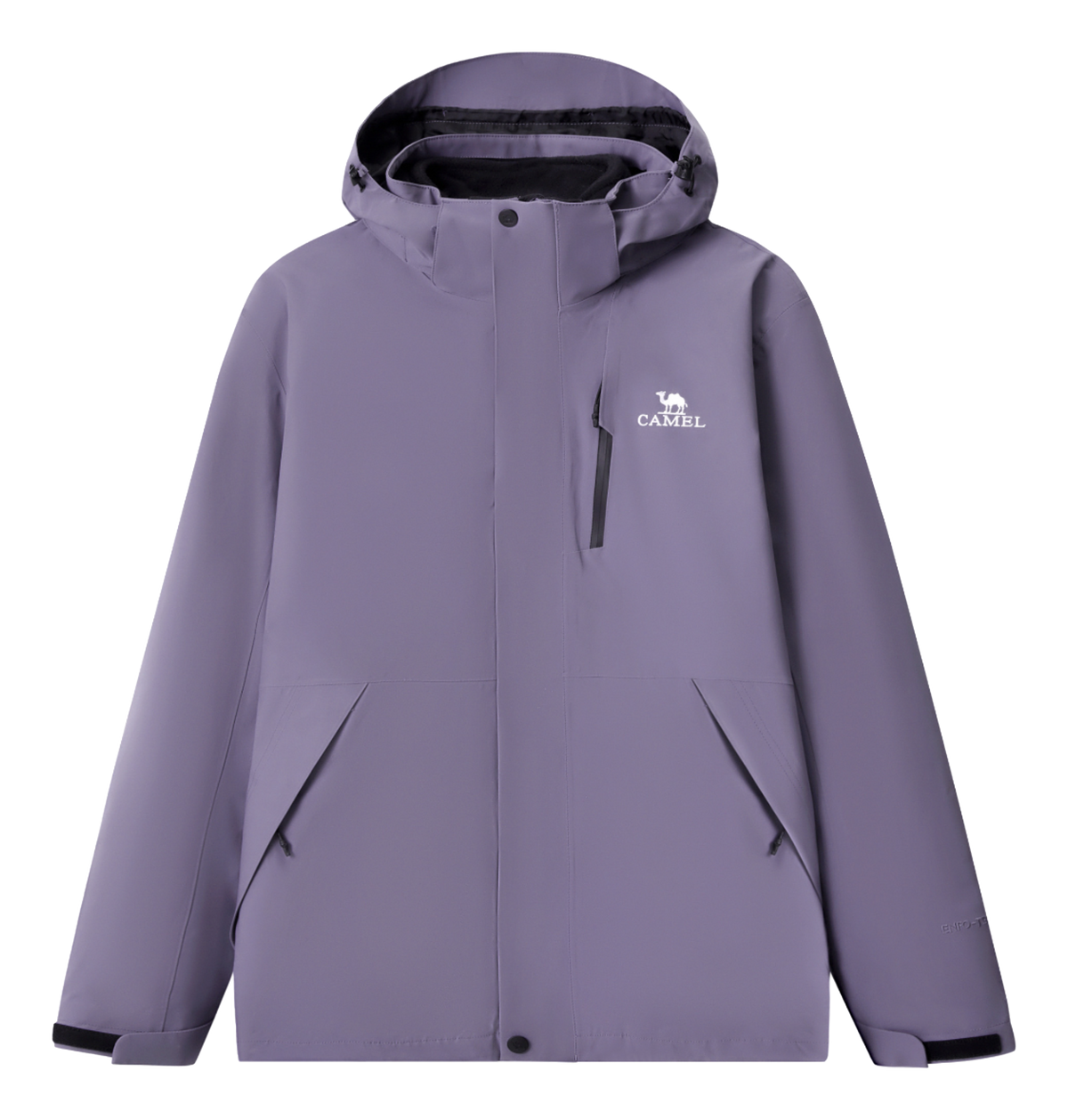 Lavender hooded waterproof jacket with zip front and drawcord hood; chest logo.
