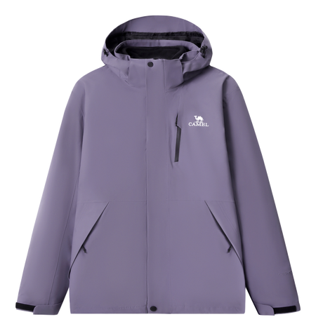 Lavender hooded waterproof jacket with zip front and drawcord hood; chest logo.