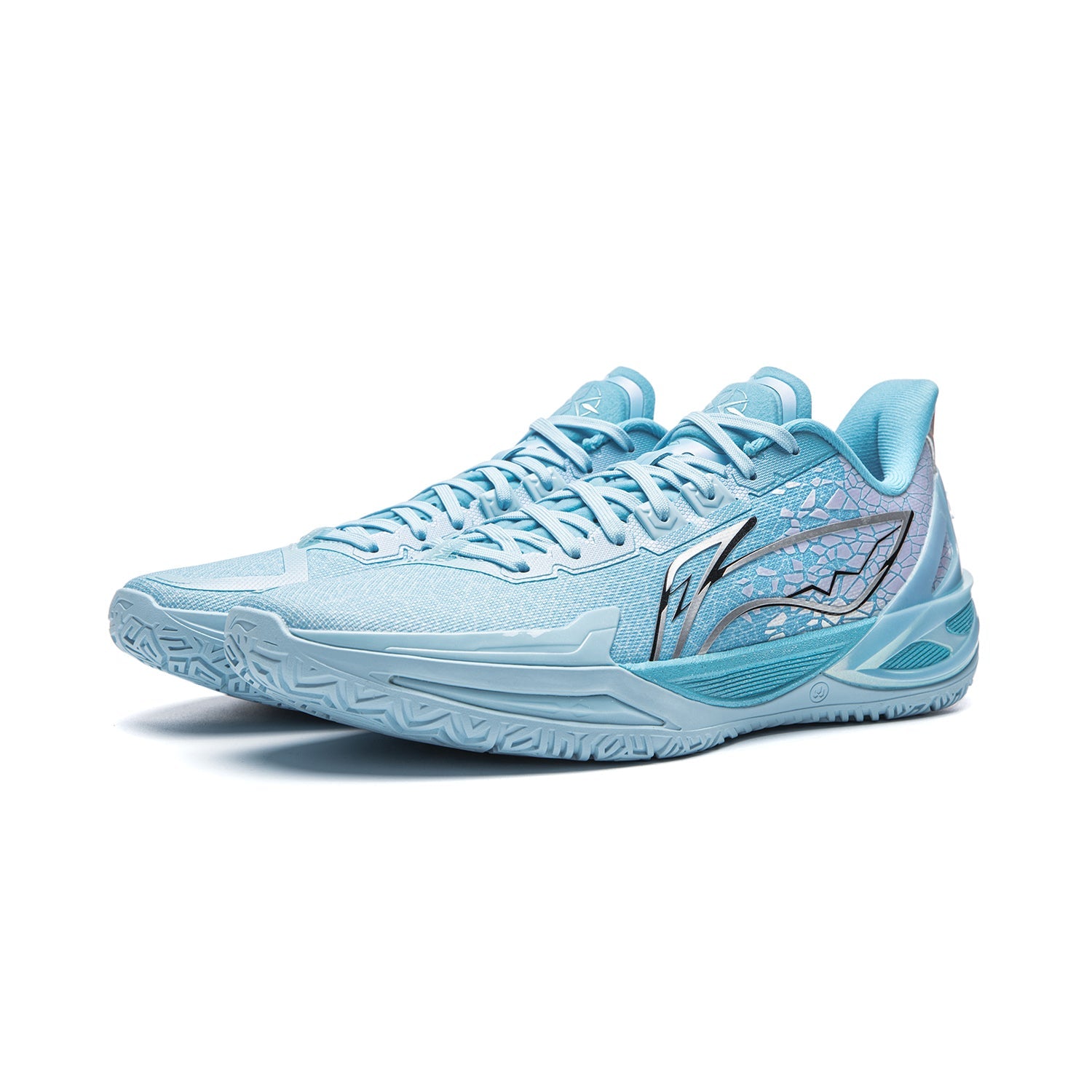 Light blue basketball shoe angled front view with patterned panels and lace-up top