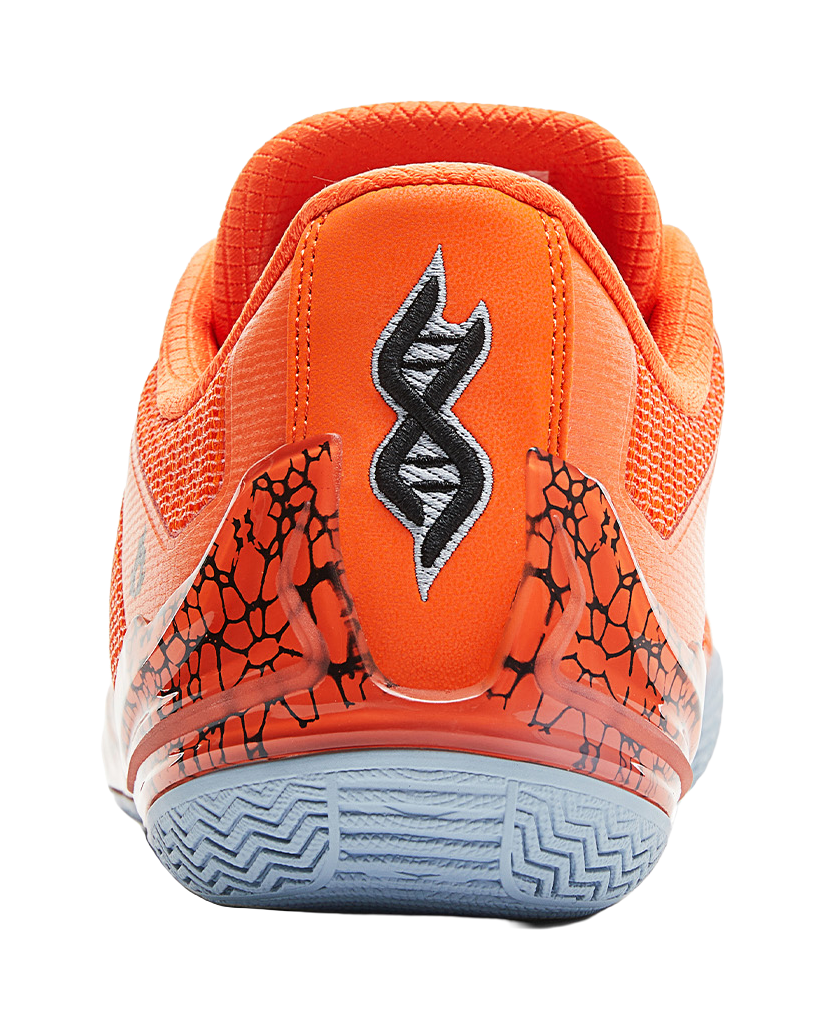 Orange basketball shoe heel with black graphic, lava pattern trim, white-blue outsole