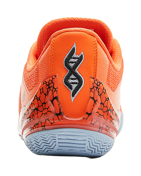 Orange basketball shoe heel with black graphic, lava pattern trim, white-blue outsole