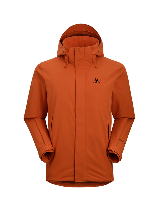 Men's hooded windbreaker jacket in rust orange with full-length zipper and zip pockets