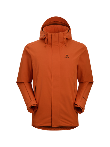 Men's hooded windbreaker jacket in rust orange with full-length zipper and zip pockets