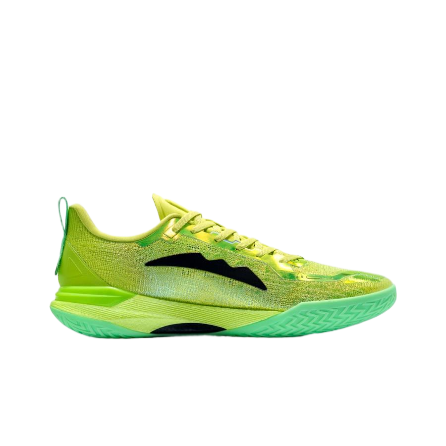 Lime green basketball shoes, side view, lace-up mesh upper and black logo