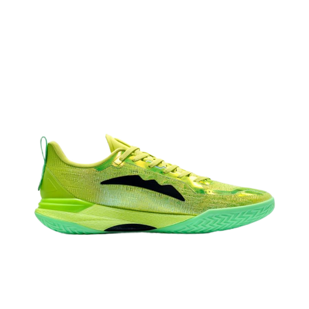 Lime green basketball shoes, side view, lace-up mesh upper and black logo