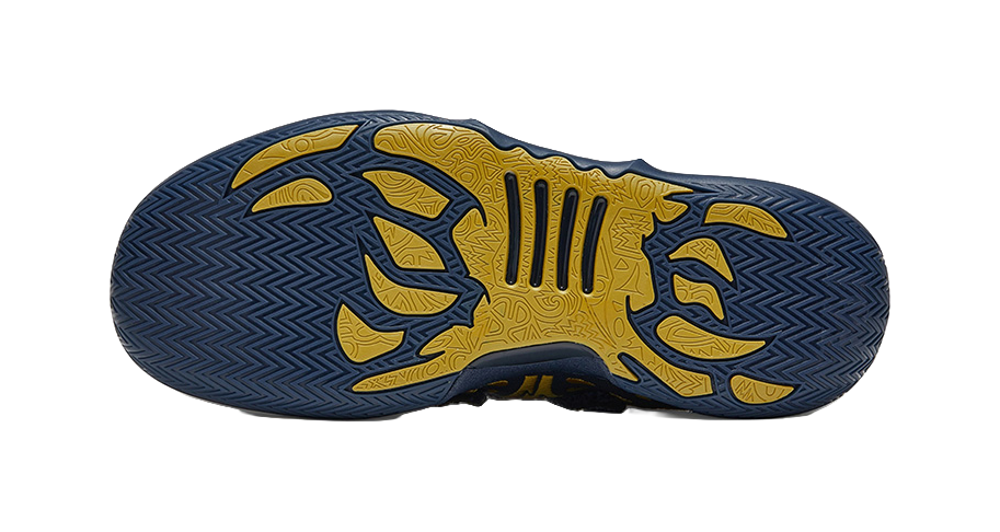 Blue rubber outsole for basketball shoe with gold traction pattern