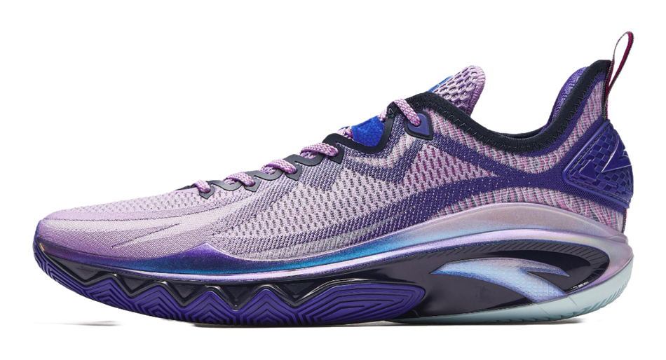 Men’s purple basketball shoes with textured knit upper and zigzag sole