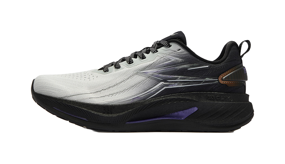 Men's low-top running shoes, gray with black and purple accents, lace-up