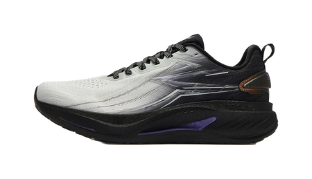 Men's low-top running shoes, gray with black and purple accents, lace-up
