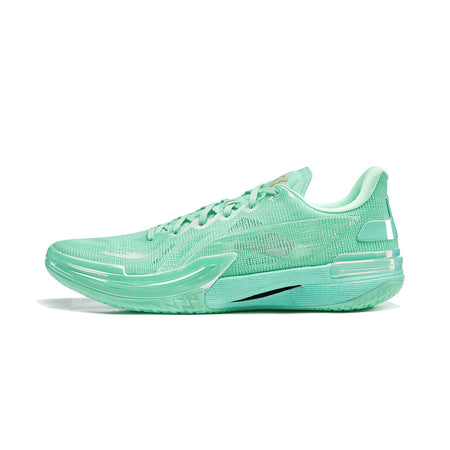 Basketball shoe with mint-green knit upper, lace-up front, and molded cushioning sole.