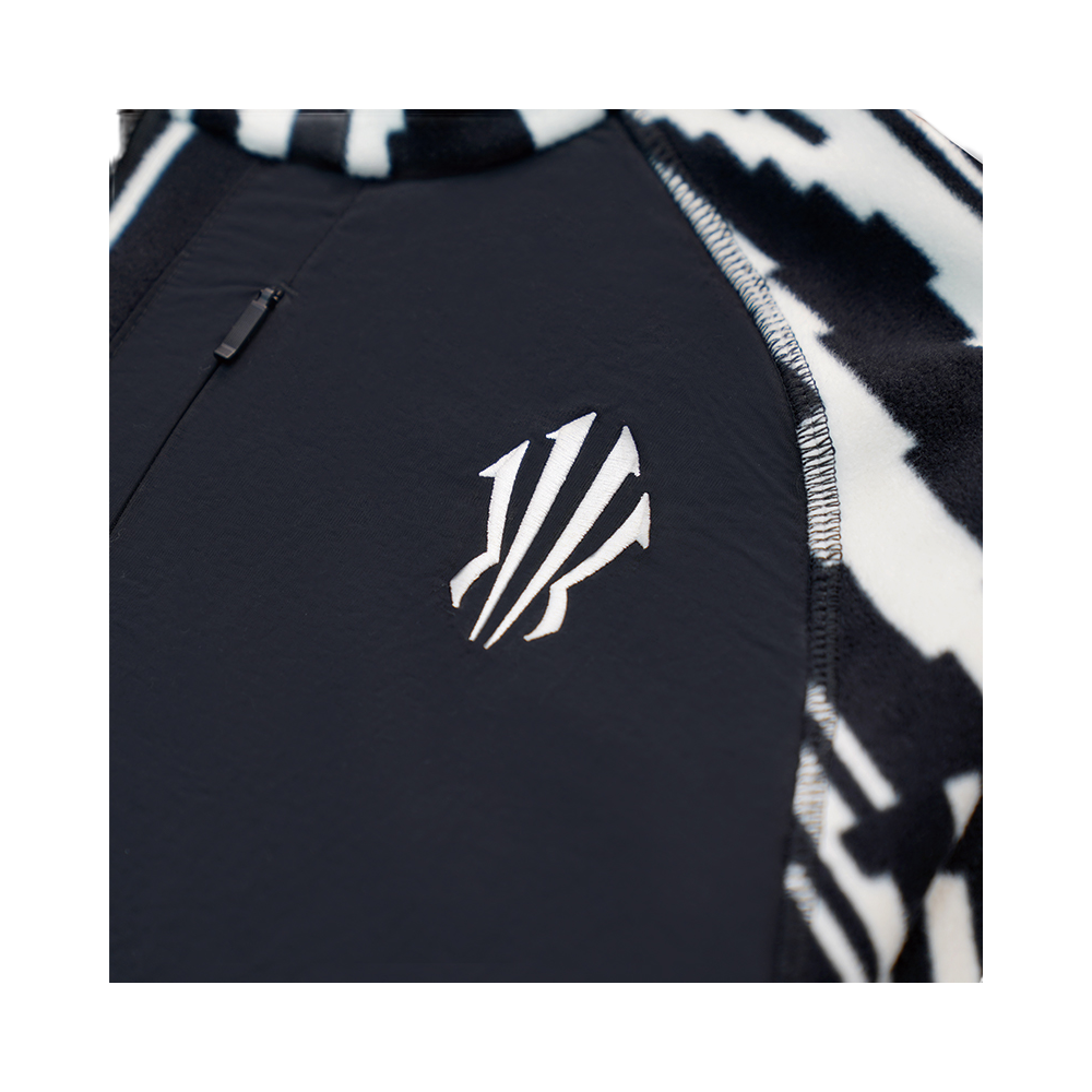 Zip-up sweatshirt jacket in dark fabric with white emblem and all-over print panel detail.