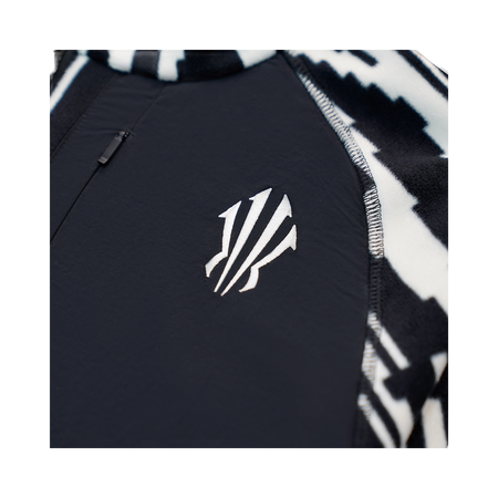 Zip-up sweatshirt jacket in dark fabric with white emblem and all-over print panel detail.