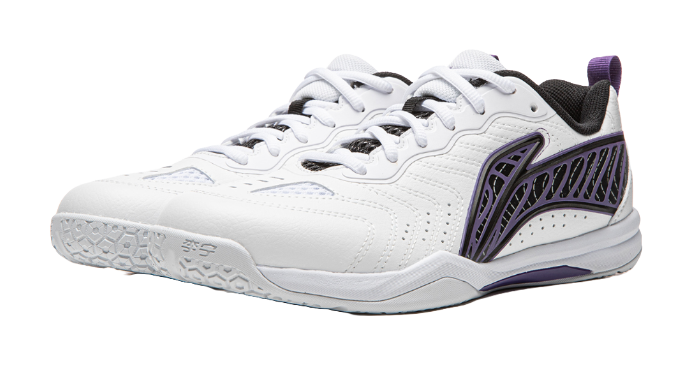 White table tennis shoe with purple side accents, perforated toe, and lace-up top