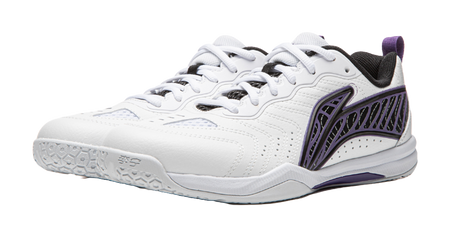 White table tennis shoe with purple side accents, perforated toe, and lace-up top
