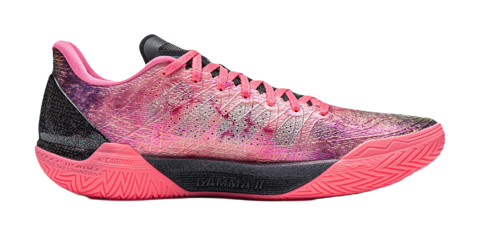 Pink/black low-top basketball shoe with speckled upper and textured outsole