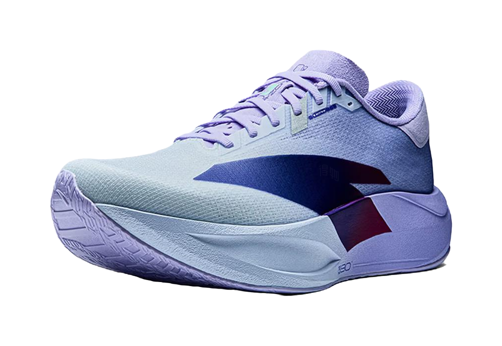 Light twilight blue low-top running shoes with purple accents and side logo