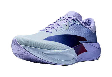 Light twilight blue low-top running shoes with purple accents and side logo