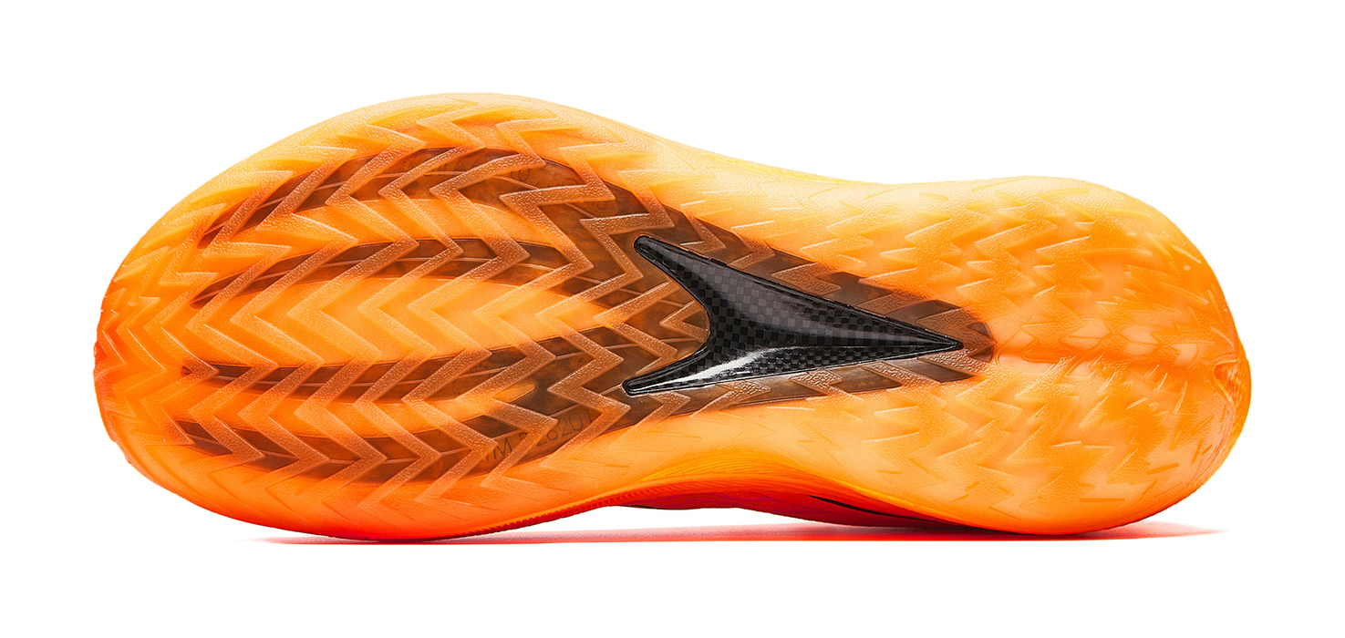 Anta Crazy 5 low-top basketball shoe outsole, orange with black tread pattern