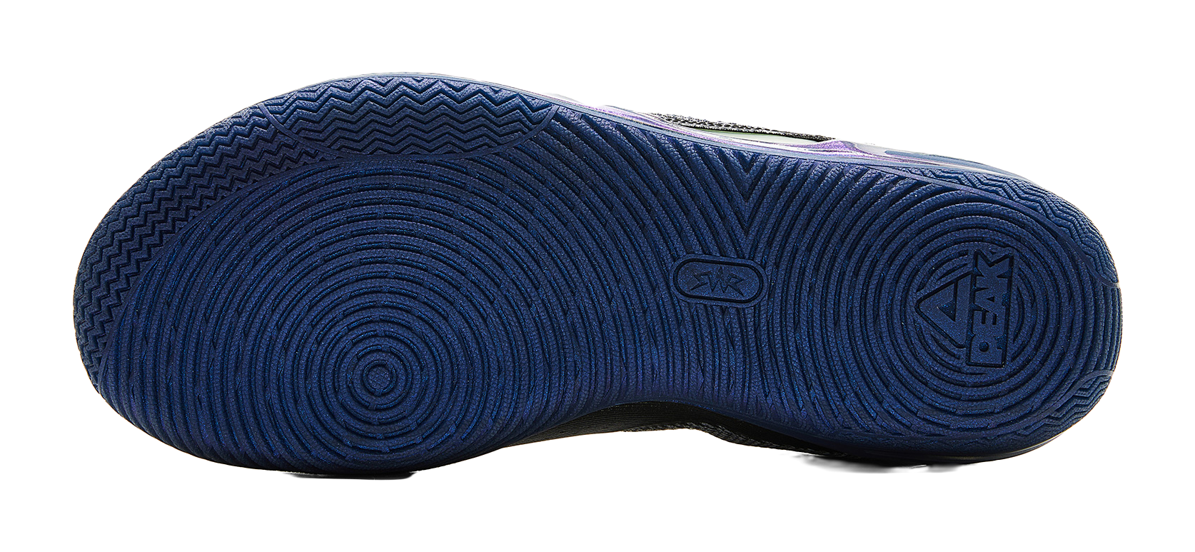 Basketball shoe outsole tread in dark blue with circular traction pattern