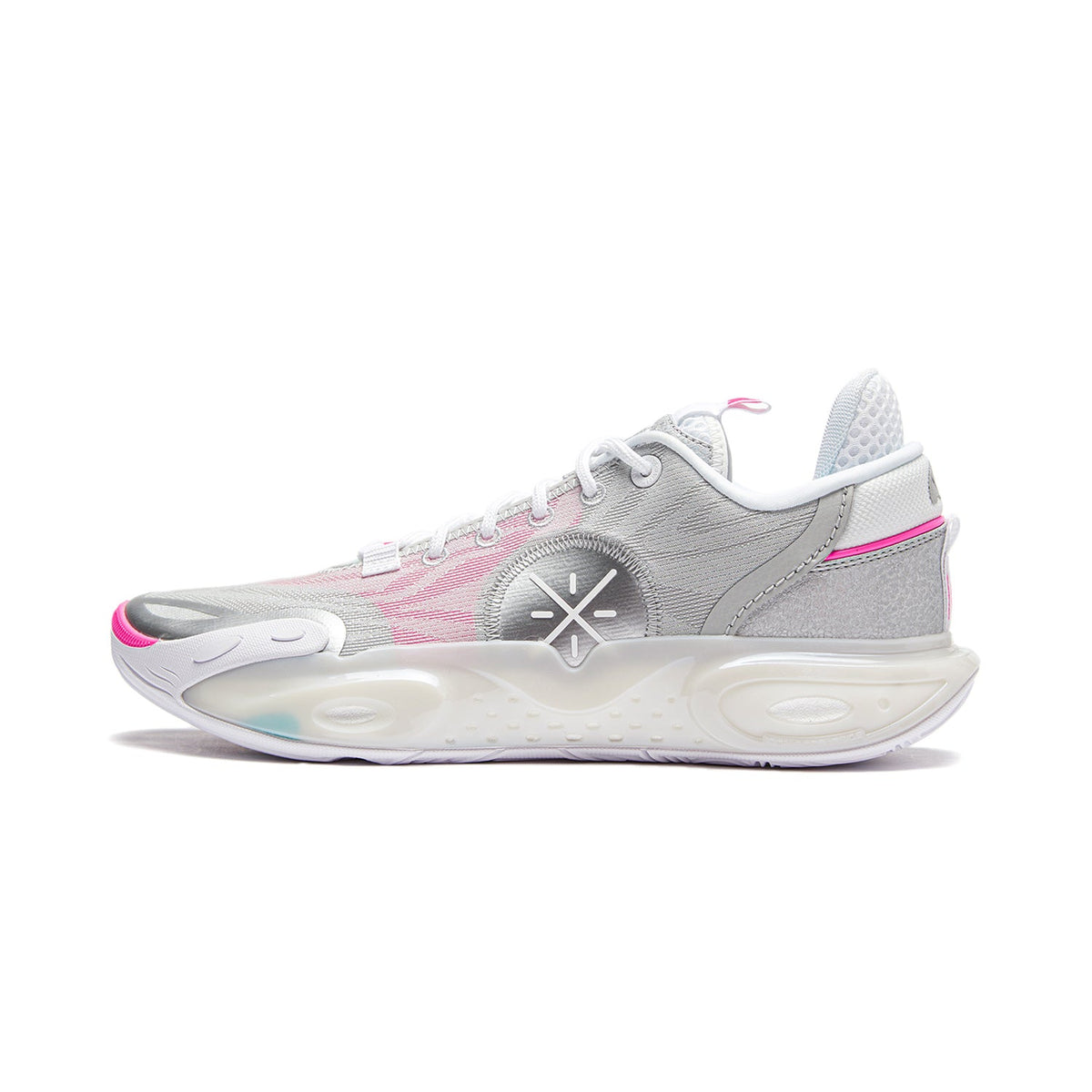 Men's basketball shoes, silver-gray upper with pink accents, lace-up, cushioned sole