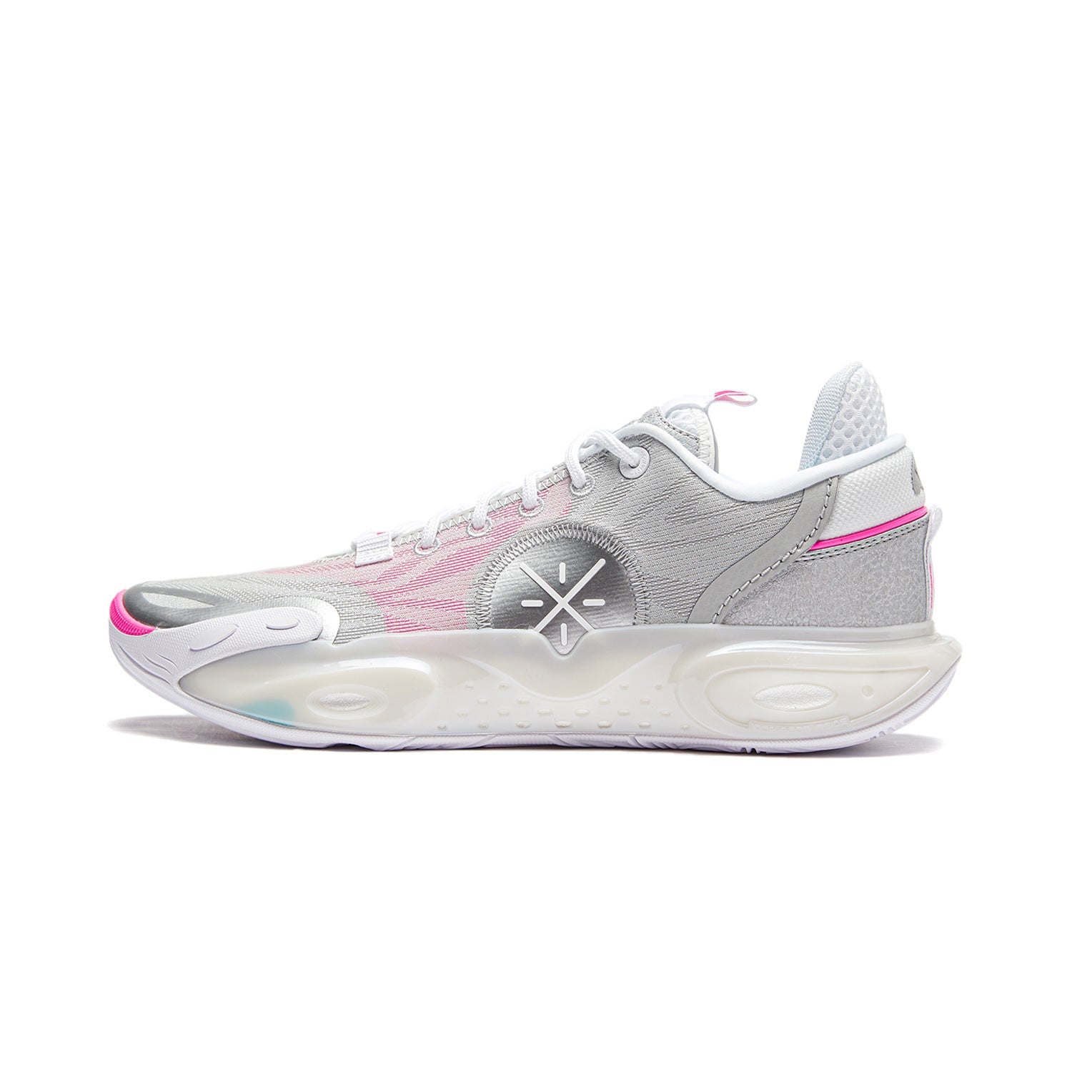 Men's basketball shoes, silver-gray upper with pink accents, lace-up, cushioned sole