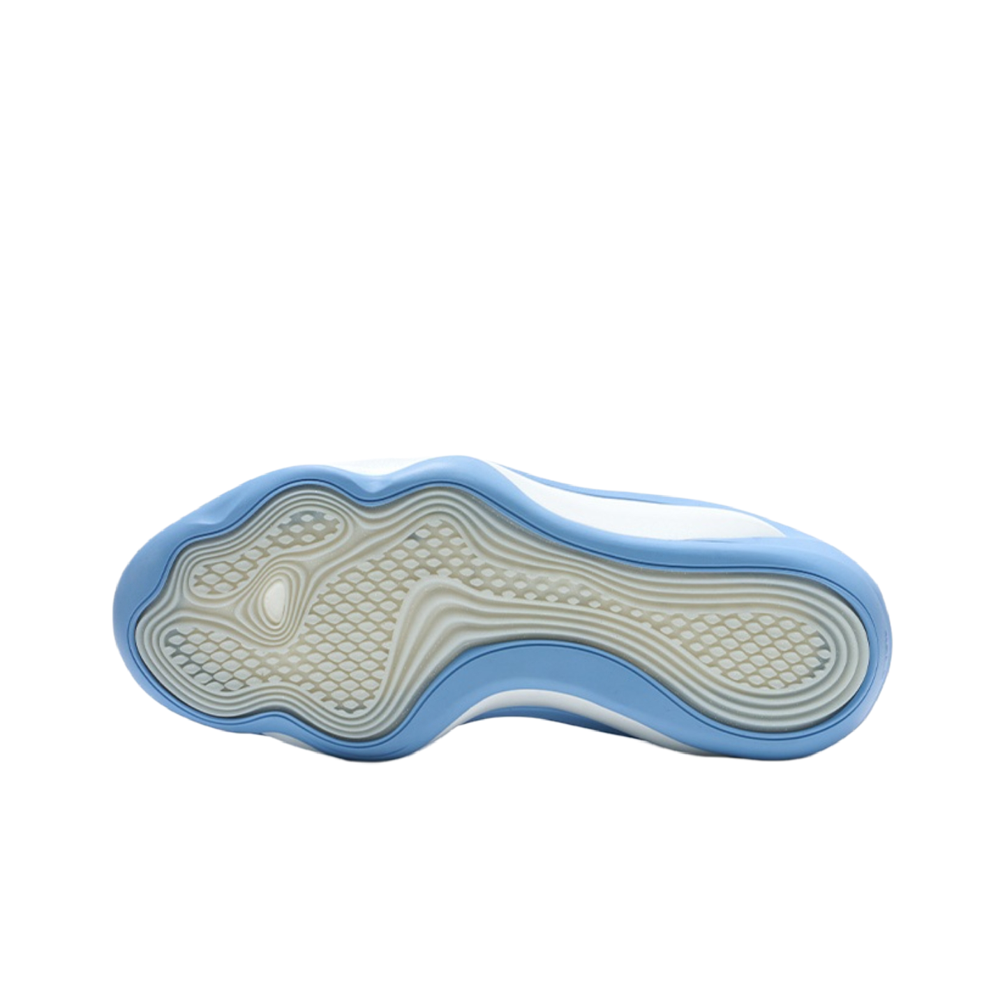 Blue outsole view of basketball shoe with traction pattern and white edges