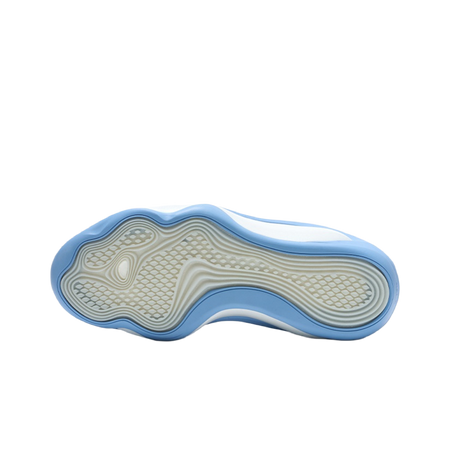 Blue outsole view of basketball shoe with traction pattern and white edges