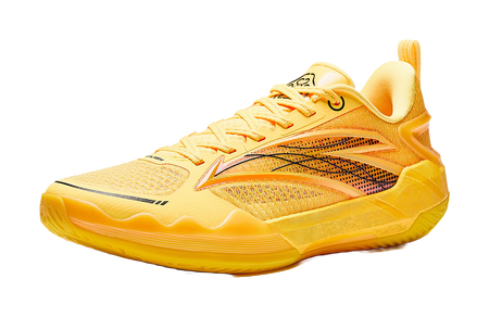 Yellow lace-up basketball shoe with textured upper and black swoosh-style overlays
