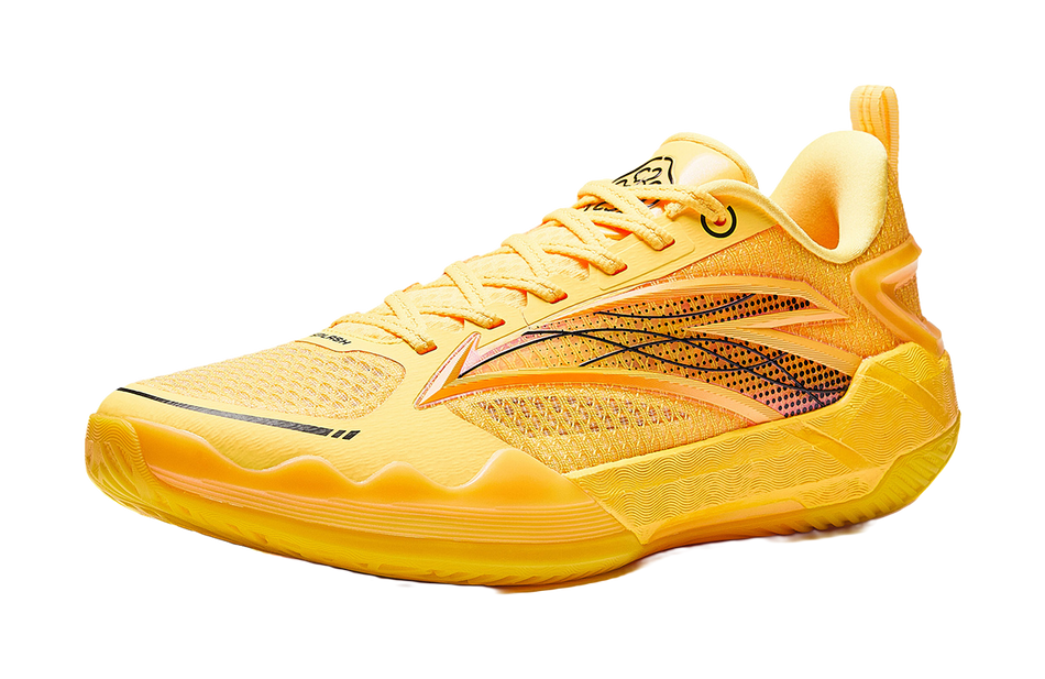 Low-top athletic sneaker in fluorescent yellow, side view with lace-up and ventilated panels