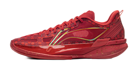Unisex low basketball shoe, red patterned upper, lace-up, multicolor stripe detail