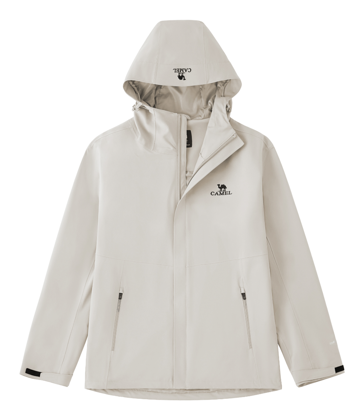 Unisex white hooded windbreaker jacket with front zipper and side pockets