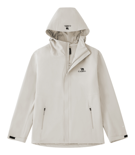Unisex white hooded windbreaker jacket with front zipper and side pockets