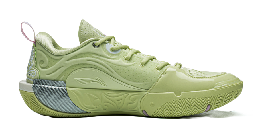 Unisex basketball shoe, light green with textured overlays and blue midfoot detail