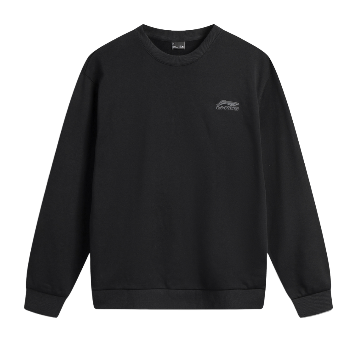 Black crewneck sweatshirt with small chest logo, ribbed cuffs and hem.
