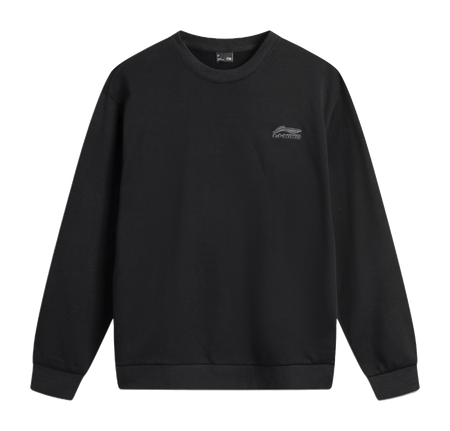 Black crewneck sweatshirt with small chest logo, ribbed cuffs and hem.