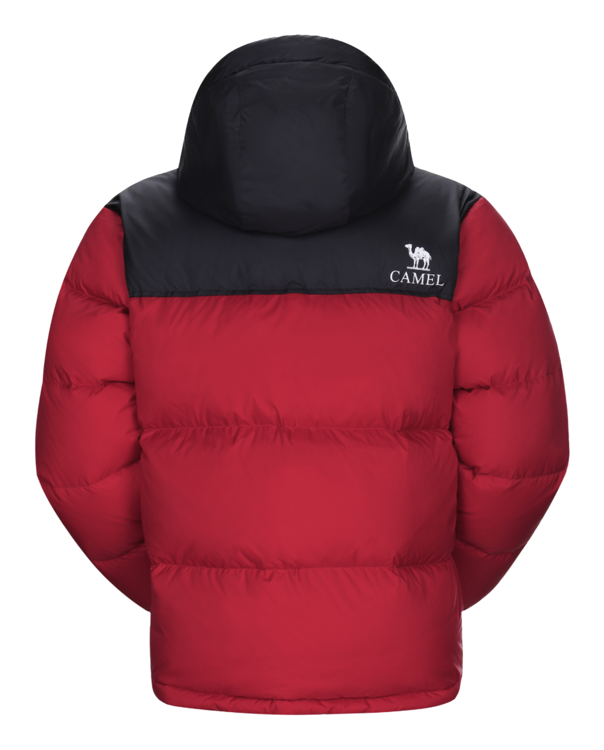 Unisex down puffer jacket, deep red with black hood and CAMEL chest logo