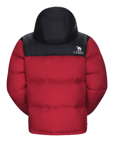 Unisex down puffer jacket, deep red with black hood and CAMEL chest logo