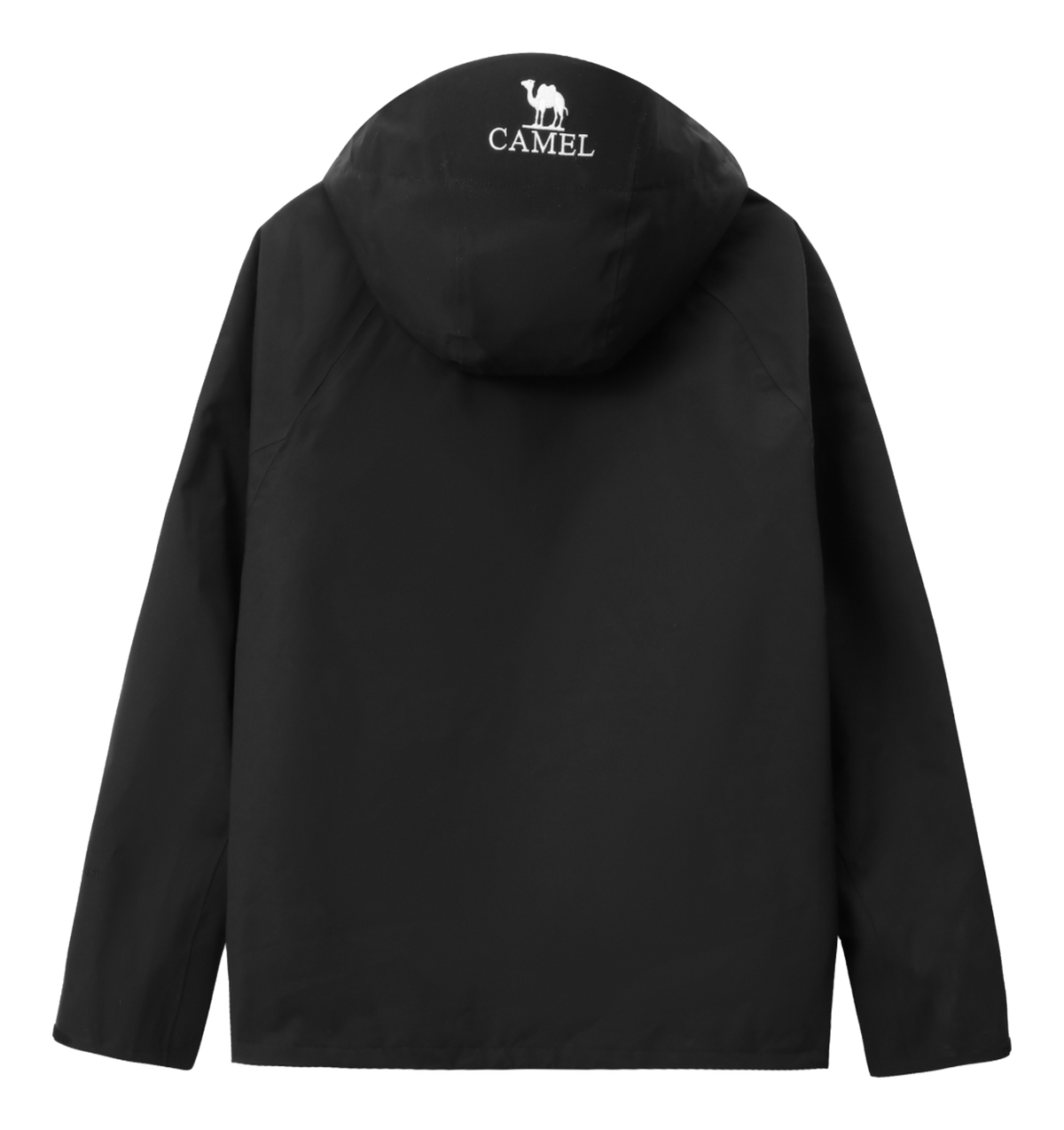 Black unisex windbreaker jacket with hood and full back view, CAMEL logo