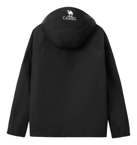 Black unisex windbreaker jacket with hood and full back view, CAMEL logo