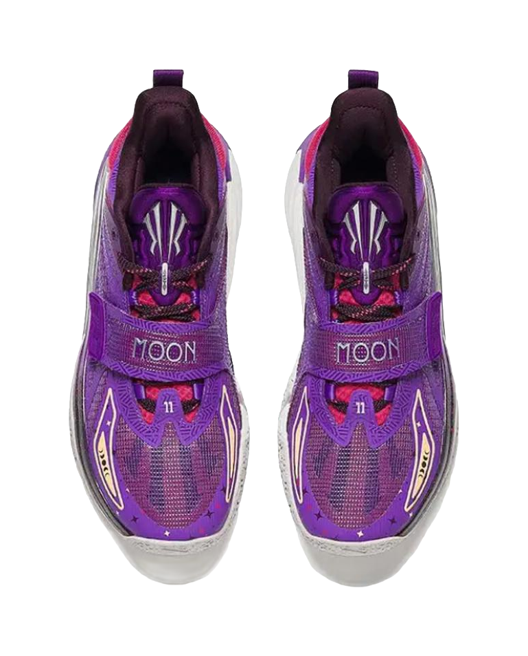 Pair of purple low-top basketball shoes, front view with 'MOON' strap and lace-up