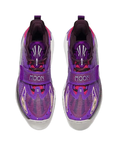 Pair of purple low-top basketball shoes, front view with 'MOON' strap and lace-up