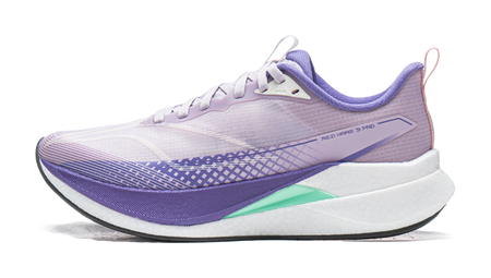 Lavender purple and white running shoe with green heel accent and purple sole