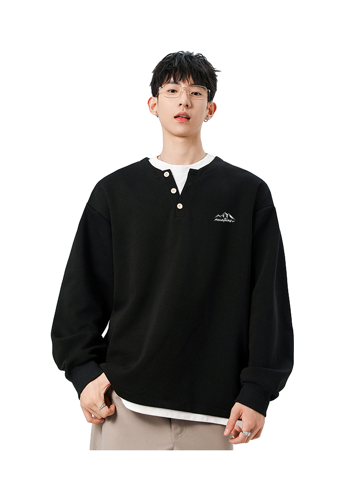 Warrior Revival Wind and Wave Series American Trendy College Style Letter Print Color Contrast Splicing Fake Two Piece Loose Casual Versatile Hoodie Bottom Wear Warm Henley Collar Long Sleeve T-shirt Unisex  vjsneaker.com