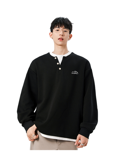 Warrior Revival Wind and Wave Series American Trendy College Style Letter Print Color Contrast Splicing Fake Two Piece Loose Casual Versatile Hoodie Bottom Wear Warm Henley Collar Long Sleeve T-shirt Unisex  vjsneaker.com